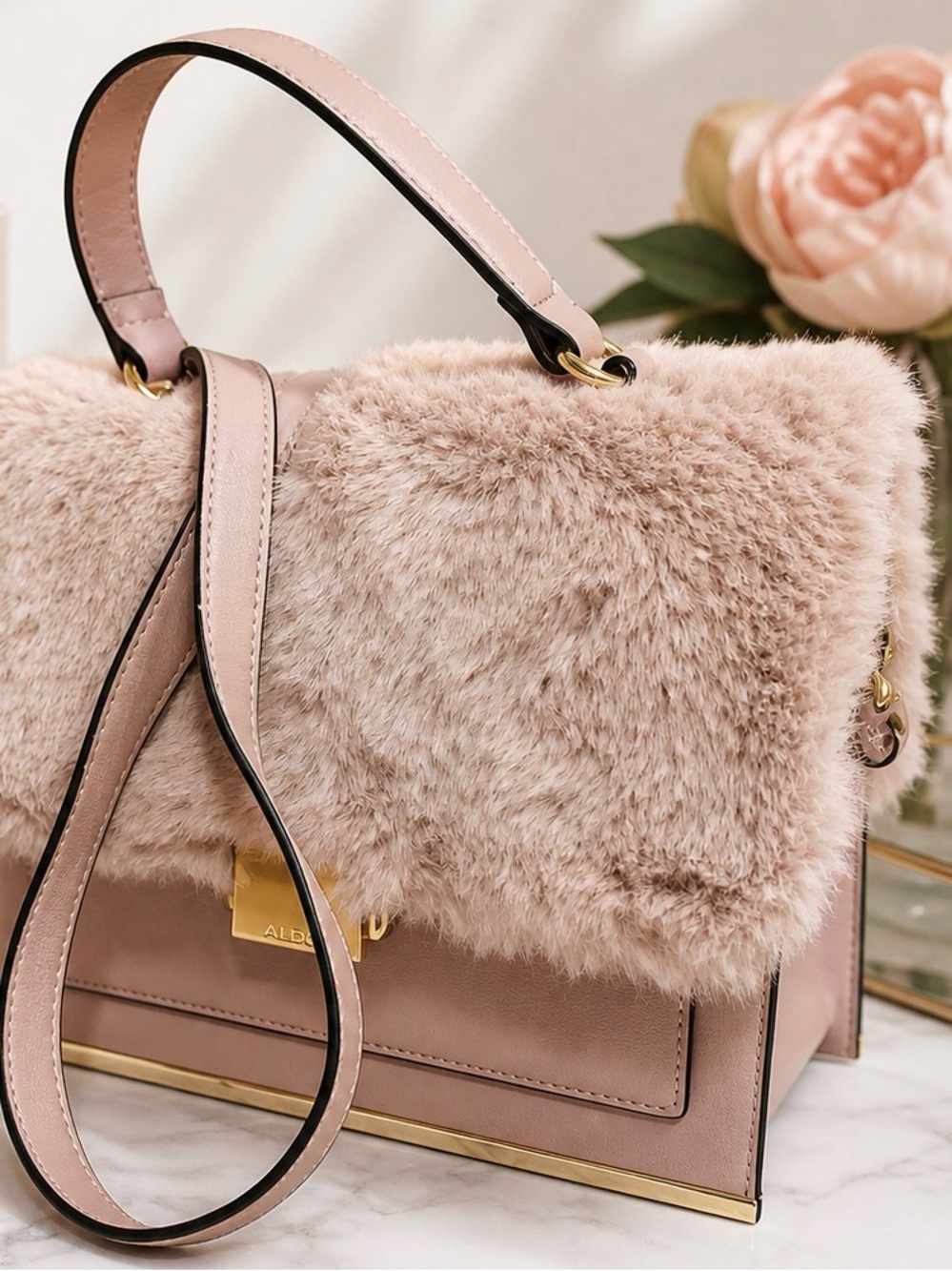 ALDO Blush Pink Faux Fur Top-Handle Shoulder Bag with Gold Hardware